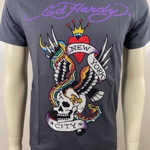 Ed Hardy Gray Short-Sleeve Tee with Multicolor Skull & Snake Graphic